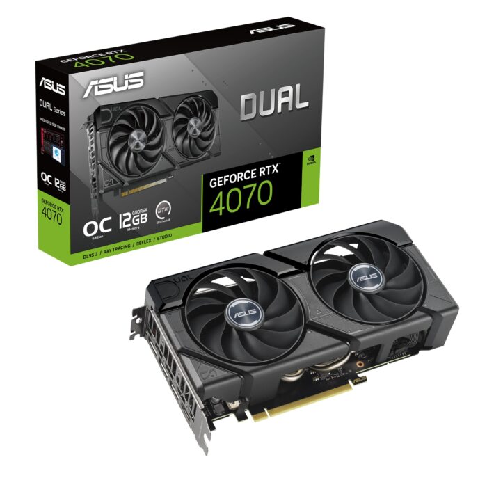 ASUS Dual GeForce RTX 4070 EVO OC Edition 12GB GDDR6X está diseñado para una Amplia compatibilidad, con un diseño de 2.5 Ranuras, diseño de Ventilador de tecnología axial, tecnología de 0dB,_0