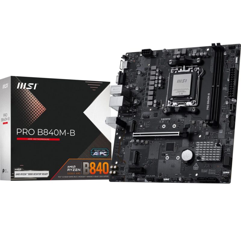 MSI Pro B840M-B Motherboard, mATX - Compatible con procesadores AMD Ryzen 9000/8000 / 7000, AM5 - DDR5 Memory Boost (8000+ MT/s OC), PCIe 4.0 x16, M.2 Gen4, LAN 2.5G_0