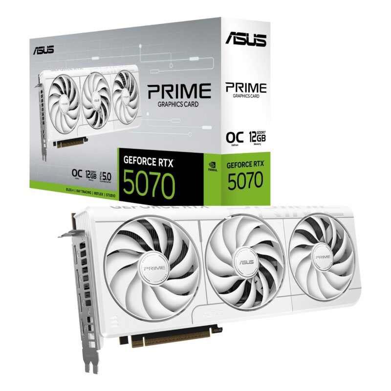 ASUS La Tarjeta gráfica Prime GeForce RTX 5070 12GB GDDR7 White OC Edition (PCIe® 5.0, 12GB GDDR7, HDMI®/DP 2.1, 2.5-Slot, Axial-Tech Fans, Dual BIOS) PRIME-RTX5070-O12G-WHITE_0