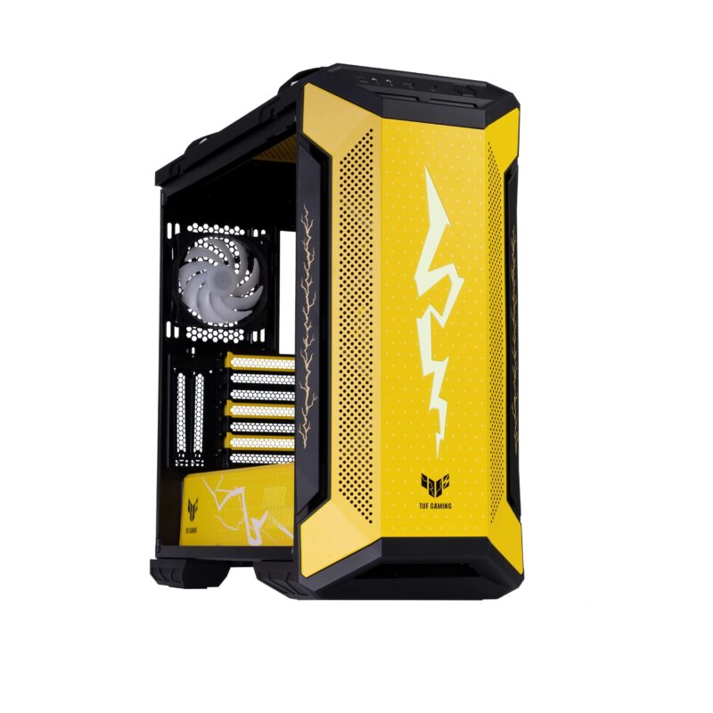 Gabinete Asus TUF Gaming GT501 ZENITSU, Edición Demon Slayer, color amarillo, semitorre, tres ventiladores iluminados Aura Sync, ranura de expansión de GPU vertical, asas ergonómicas_0