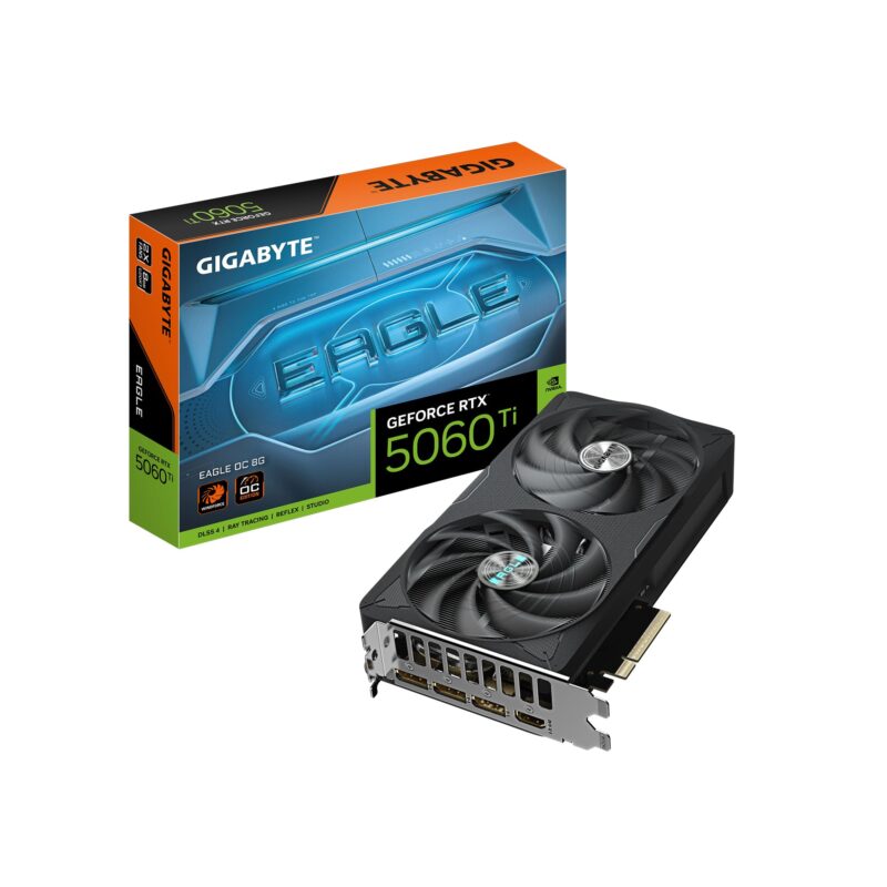 GIGABYTE Tarjeta gráfica GeForce RTX 5060 Ti Eagle OC 8G, 8 GB 128 bits GDDR7, PCIe 5.0, Sistema de enfriamiento WINDFORCE, Tarjeta de Video GV-N506TEAGLE OC-8GD_0