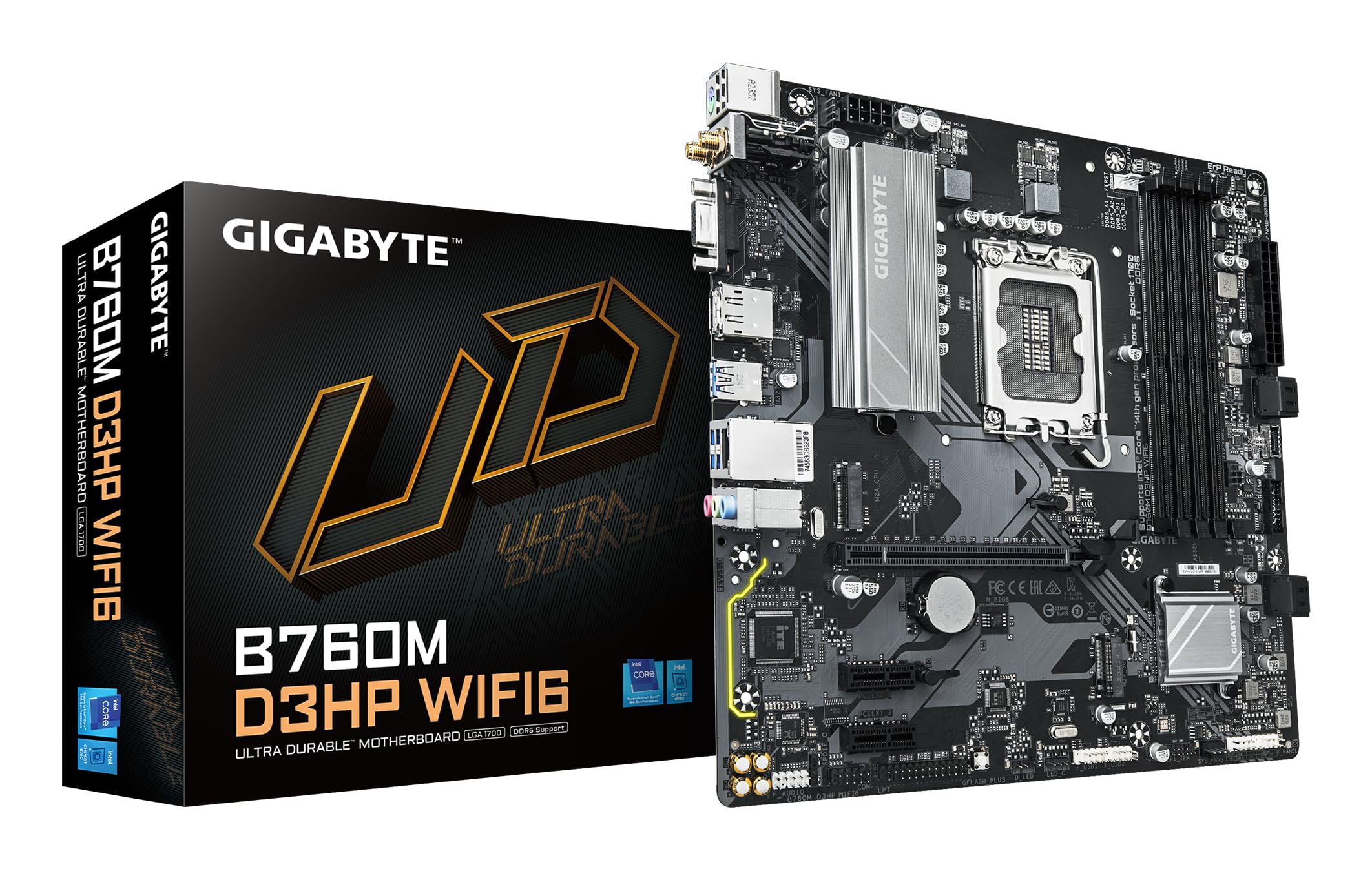 Gigabyte B760M D3HP WIFI6 Motherboard - Soporta CPU Intel Core de 14ª generación, 4+1+1 Fases VRM Digital, hasta 5600MHz DDR5, 2xPCIe 4.0 M.2, Wi-Fi 6, GbE LAN, USB 3.2 Gen1_0 Gigabyte B760M D3HP WIFI6 Motherboard - Soporta CPU Intel Core de 14ª generación, 4+1+1 Fases VRM Digital, hasta 5600MHz DDR5, 2xPCIe 4.0 M.2, Wi-Fi 6, GbE LAN, USB 3.2 Gen1_0