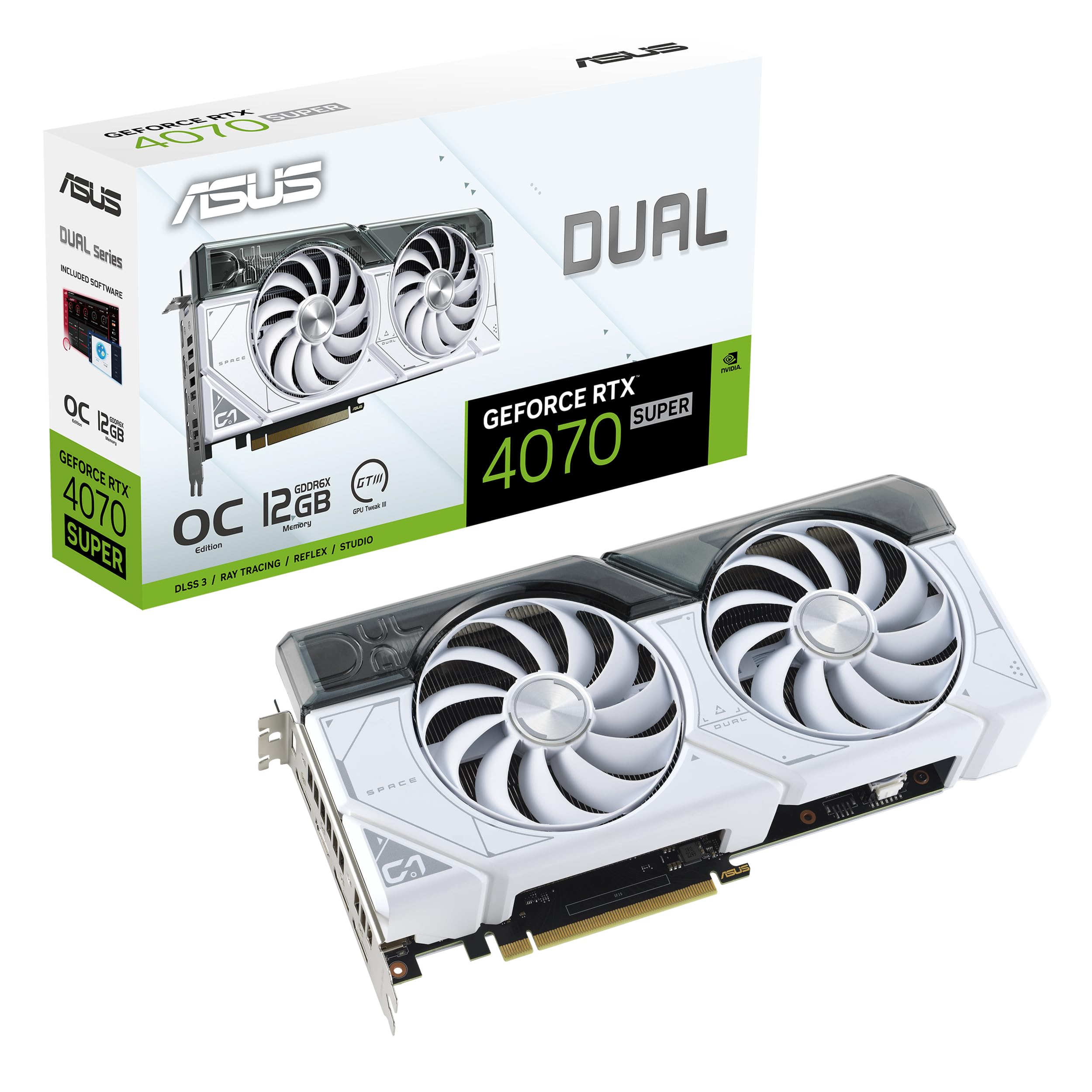 ASUS Dual GeForce RTX 4070 Super White OC Edition (PCIe 4.0, 12GB GDDR6X, DLSS 3, HDMI 2.1a, DisplayPort 1.4a, 2.56 ranuras diseño, diseño de ventilador de tecnología axial, tecnología Auto-Extreme y_0 ASUS Dual GeForce RTX 4070 Super White OC Edition (PCIe 4.0, 12GB GDDR6X, DLSS 3, HDMI 2.1a, DisplayPort 1.4a, 2.56 ranuras diseño, diseño de ventilador de tecnología axial, tecnología Auto-Extreme y_0