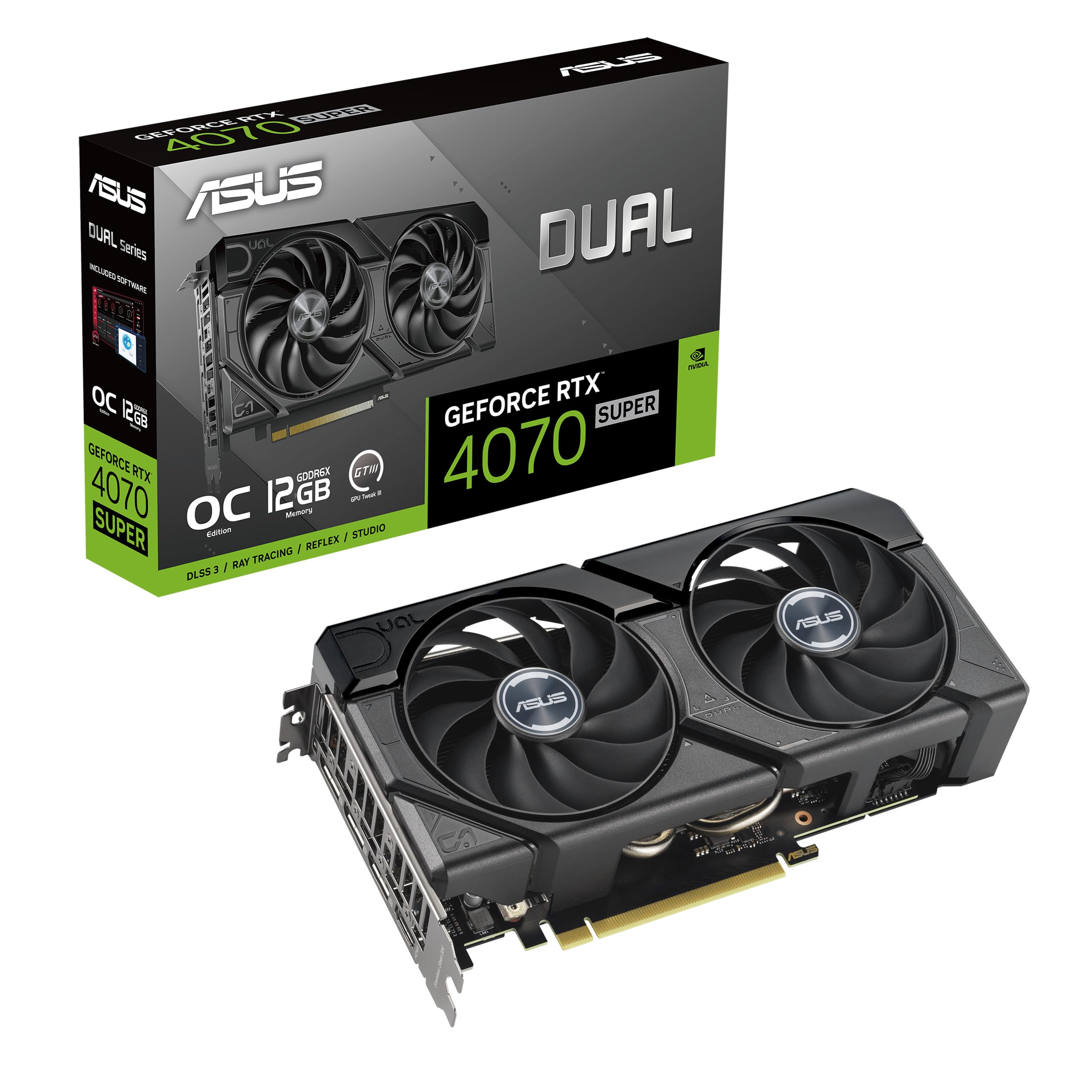 ASUS Dual GeForce RTX 4070 Super EVO OC Edition 12 GB GDDR6X (PCIe 4.0, 12 GB GDDR6X, DLSS 3, HDMI 2.1a, DisplayPort 1.4a, diseño de Ventilador de tecnología axial, tecnología de 0dB y más)_0 ASUS Dual GeForce RTX 4070 Super EVO OC Edition 12 GB GDDR6X (PCIe 4.0, 12 GB GDDR6X, DLSS 3, HDMI 2.1a, DisplayPort 1.4a, diseño de Ventilador de tecnología axial, tecnología de 0dB y más)_0