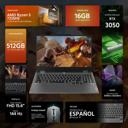 Laptop Gamer Lenovo Loq Nvidia Geforce Rtx 3050 Amd Ryzen 5 7235hs 16gb Ddr5 512gb Ssd 15.6 Full Hd 144hz W11 Teclado Español Mouse Gaming Estable Gris_1
