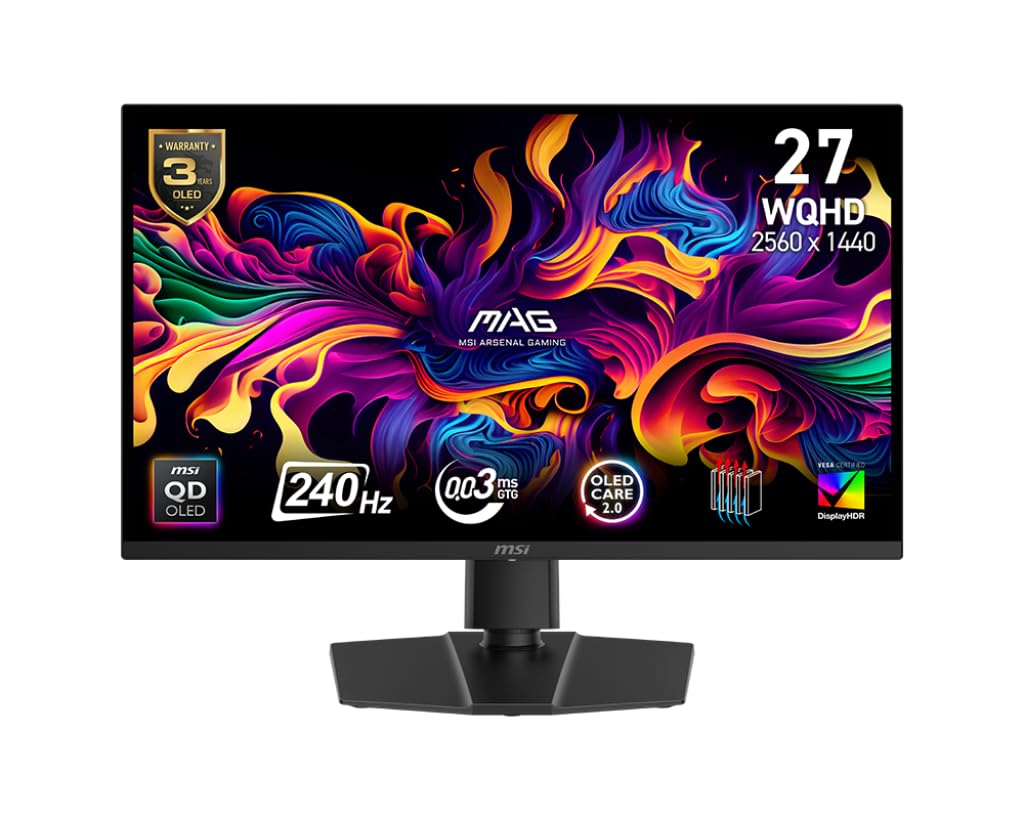 MSI MAG 271QP QD-OLED X24 27″ 2560 x 1440 (QHD), monitor de juegos, 240Hz, sincronización adaptativa, HDMI, DisplayPort, montaje VESA, inclinación, altura ajustable, altavoz, 0,03 ms, negro_0 MSI MAG 271QP QD-OLED X24 27" 2560 x 1440 (QHD), monitor de juegos, 240Hz, sincronización adaptativa, HDMI, DisplayPort, montaje VESA, inclinación, altura ajustable, altavoz, 0,03 ms, negro_0
