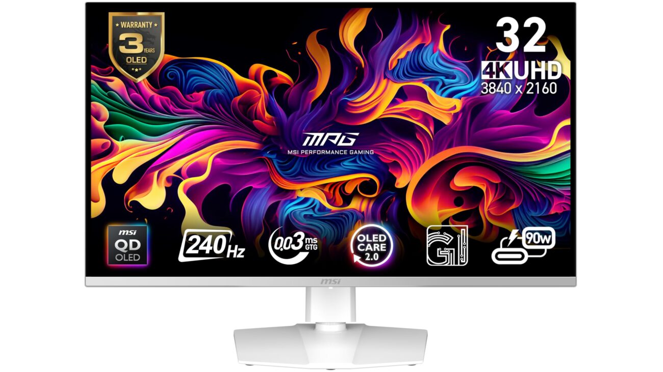 MSI MPG 321URXW QD-OLED 32" 3840 x 2160 (UHD), monitor de computadora, 240Hz, sincronización adaptativa, HDMI, puerto DP, montaje VESA, inclinación, altavoz, 0,03 ms, blanco_0