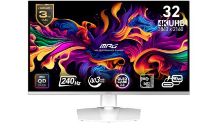 MSI MPG 321URXW QD-OLED 32" 3840 x 2160 (UHD), monitor de computadora, 240Hz, sincronización adaptativa, HDMI, puerto DP, montaje VESA, inclinación, altavoz, 0,03 ms, blanco_0