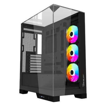 Gabinete Gamer Ocelot Gaming. ATX - Micro ATX - Mini ITX, Cristal Templado, 3 Ventiladores ARGB incluidos. Color Negro. Modelo Glass Hunter 3_0