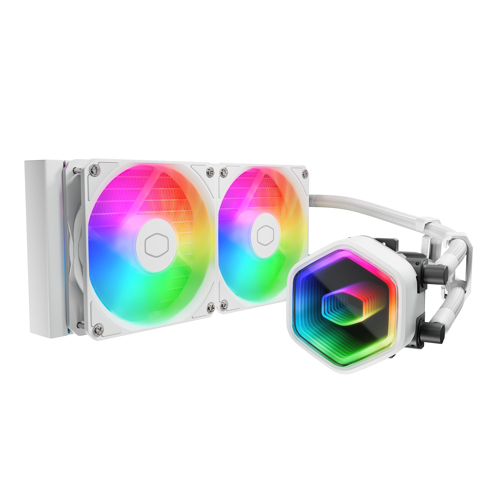 Cooler Master 240 Core II - Enfriador líquido de CPU AIO blanco, bomba doble cámara, Infinity Mirror aRGB, tubo de 400 mm, radiador de 240 mm, ventilador PWM de 120 mm, MLW-D24M-A18PA-RW_0 Cooler Master 240 Core II - Enfriador líquido de CPU AIO blanco, bomba doble cámara, Infinity Mirror aRGB, tubo de 400 mm, radiador de 240 mm, ventilador PWM de 120 mm, MLW-D24M-A18PA-RW_0