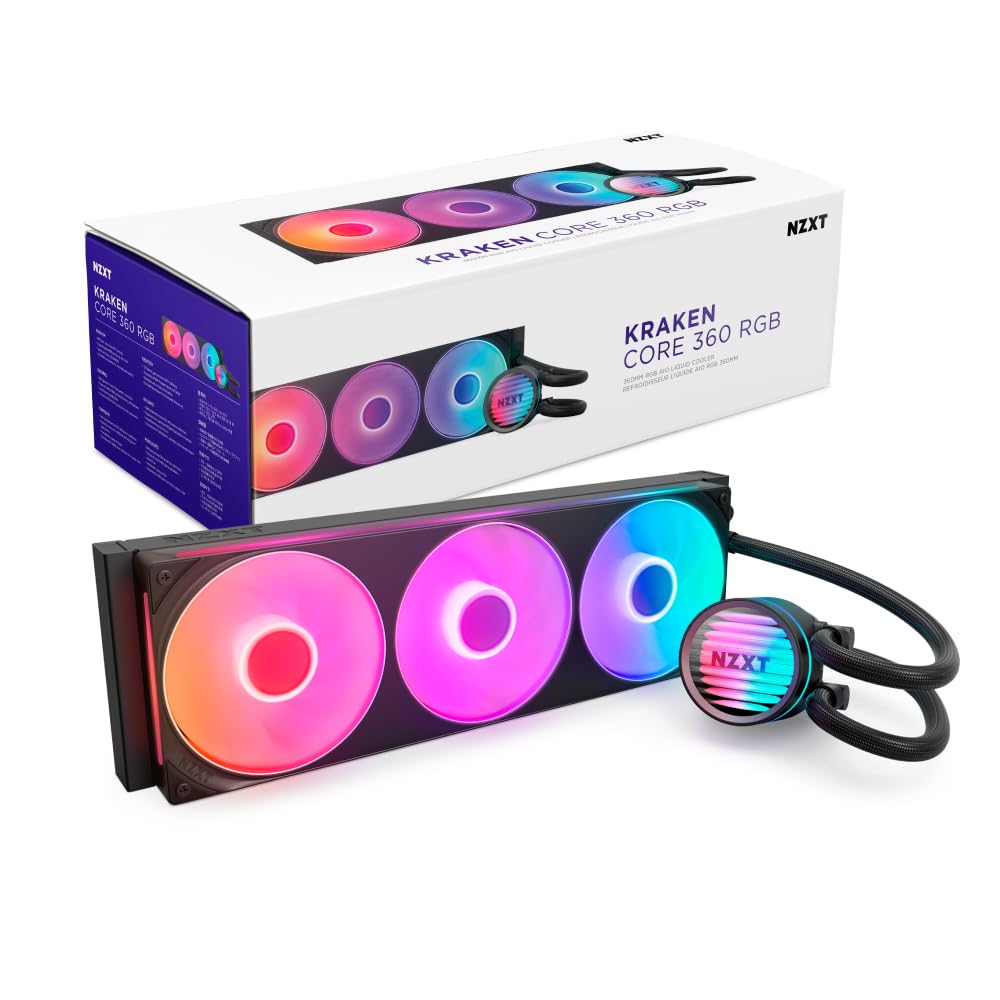NZXT Kraken Core 360 RGB - AIO CPU Liquid Cooler - 360 mm Radiator - 360 mm Single-Frame Fan - Compatible with AMD® AM5/AM4 & Intel® LGA 1851/1700/1200/115X - Black_0 NZXT Kraken Core 360 RGB - AIO CPU Liquid Cooler - 360 mm Radiator - 360 mm Single-Frame Fan - Compatible with AMD® AM5/AM4 & Intel® LGA 1851/1700/1200/115X - Black_0