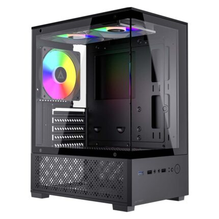 Acteck Panorak GC600 Gabinete Mini Torre Compacto, M-ATX, Panel Lateral y Frontal de Cristal, 3 Ventiladores FRGB 120mm, 1 Puerto USB 3.0, 1 Puerto USB 2.0, Negro_0