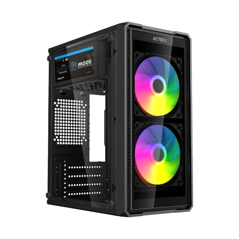 Acteck GI750C Gabinete Mini Torre Ultra Crystal Negro, Panel Lateral y Frontal de Cristal, 2 Ventiladores FRGB 120mm, Fuente ATX 500W, 4 Puertos USB 2.0, Compatible con M-ATX_0
