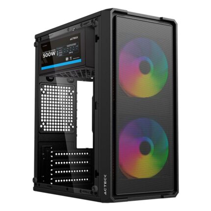 Acteck Doom Ultra Mesh GI750M Gabinete Mini Torre Negro, Panel Lateral de Cristal, Frente Mesh, 2 Ventiladores FRGB 120mm, Fuente 500W ATX, 4 Puertos USB 2.0, Compatible con M-ATX_0