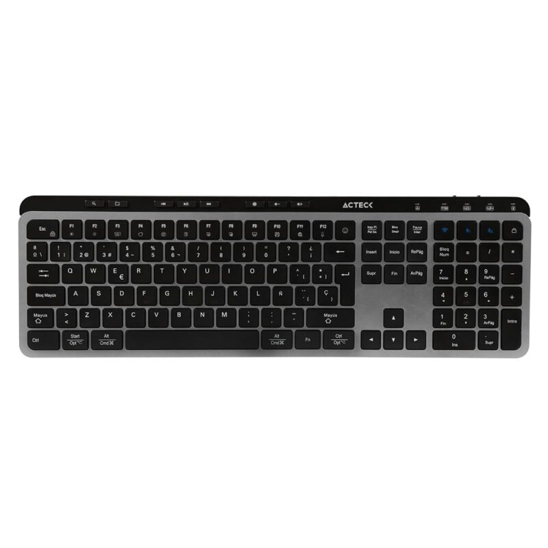 Acteck Krea Teclado Multidispositivo Inspire TI755, InalÃ¡mbrico 2.4 MHz + Bluetooth, TamaÃ±o 100%, Teclas Membrana Tipo Tijera, Recargable, Negro-Gris_0