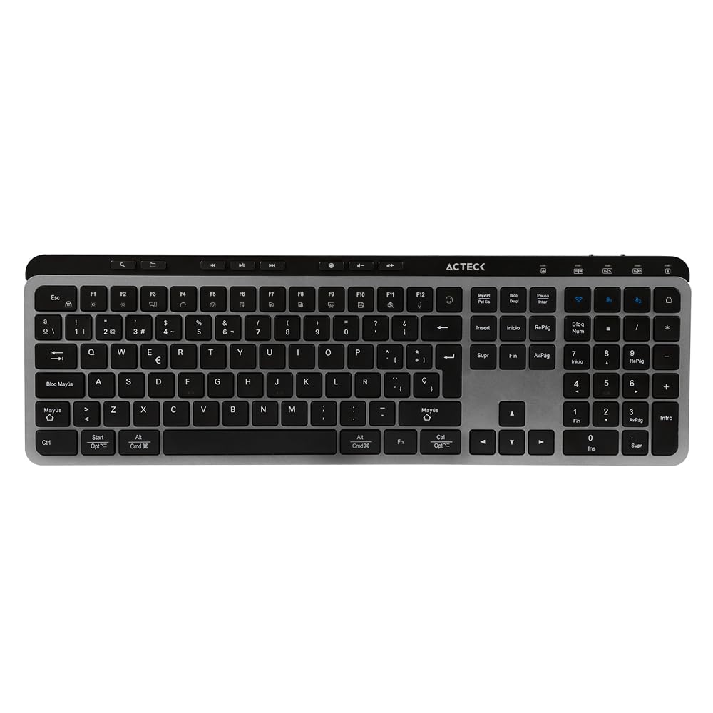 Acteck Krea Teclado Multidispositivo Inspire TI755, Inalámbrico 2.4 MHz + Bluetooth, Tamaño 100%, Teclas Membrana Tipo Tijera, Recargable, Negro-Gris_0 Acteck Krea Teclado Multidispositivo Inspire TI755, Inalámbrico 2.4 MHz + Bluetooth, Tamaño 100%, Teclas Membrana Tipo Tijera, Recargable, Negro-Gris_0